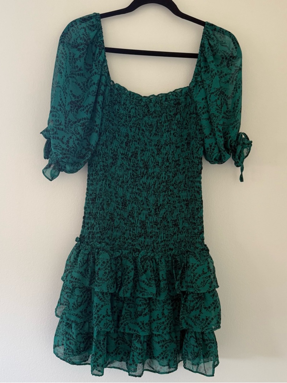 Olivaceous Green Floral Mini Dress Puff Sleeve  Size L